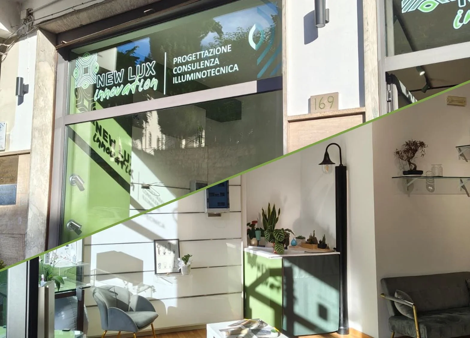 La vetrina e gli ambienti interni della sede New Lux Innovation a Potenza.