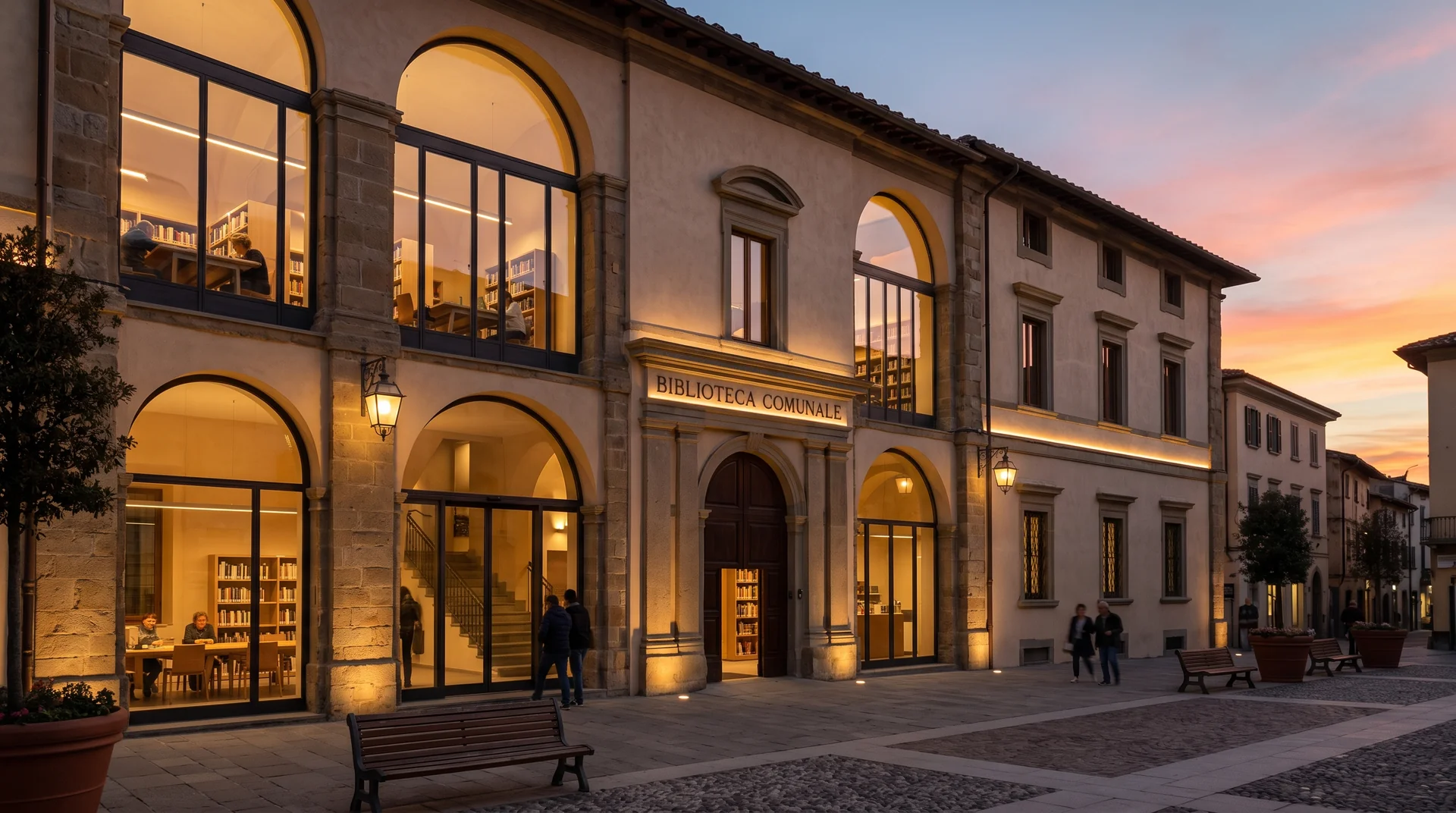 Esempio illustrativo di una biblioteca comunale illuminata.